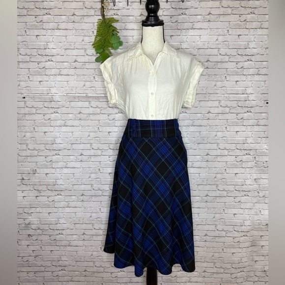 Vintage NYC Blue Purple Plaid A Line Midi Skirt - Picture 1 of 5